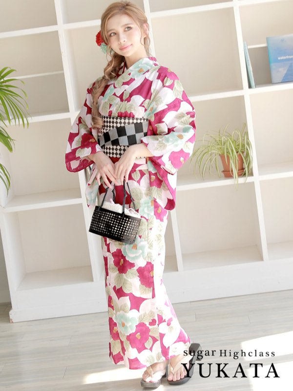 画像2: 【即日発送】【高級浴衣】椿浴衣三点セット[YMT] (2)