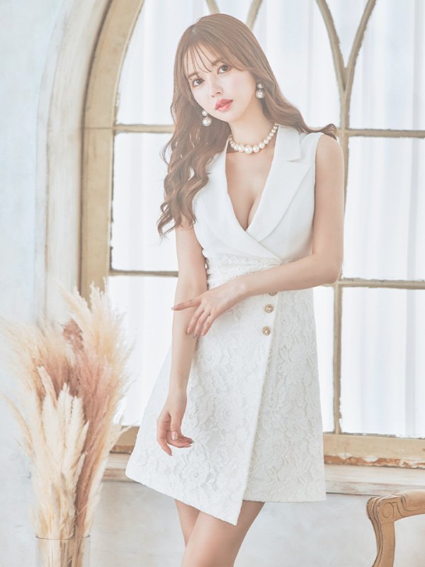 画像6: 【Jessica/ジェシカ】 フラワーレース/ 襟付きデザイン/ ノースリーブ/ ウエストボタン/ Aライン/ ミ二ドレス/ キャバドレス【HC03】 (6)