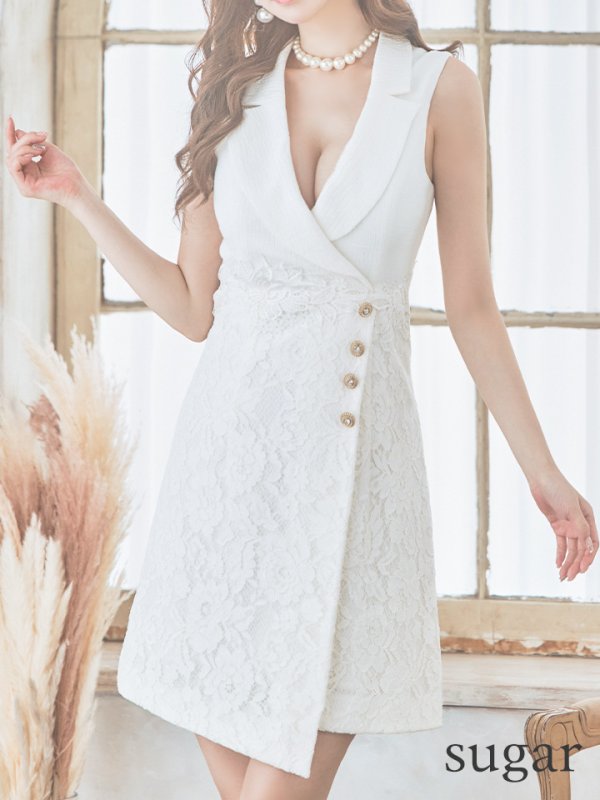 画像10: 【Jessica/ジェシカ】 フラワーレース/ 襟付きデザイン/ ノースリーブ/ ウエストボタン/ Aライン/ ミ二ドレス/ キャバドレス【HC03】 (10)