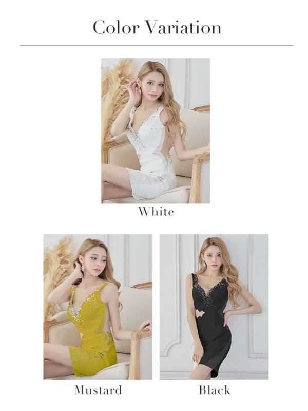 画像12: 【Kylie/カイリー】刺繍レース/ ストレッチ/ ビジュー/ パール/ スパンコール/ シアー/ スリット/ タイト/ ミニドレス/ キャバドレス【HC03】 (12)