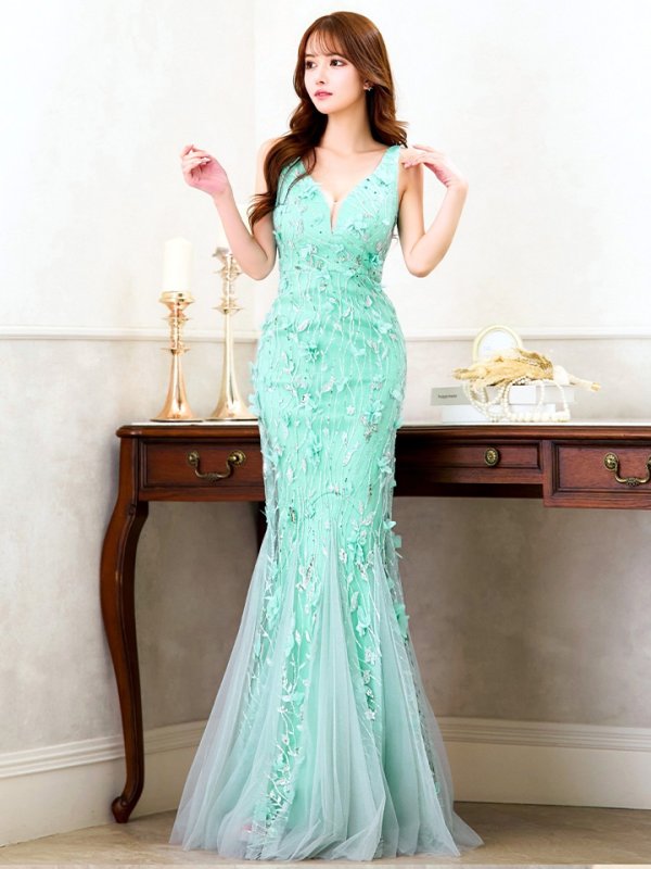 画像11: XLサイズあり【CLEO CLOE/ クレオ クロエ】パーティードレス/ ステージドレス/ イベントドレス/ 立体フラワー刺繍/ マーメイド/ ノースリーブ/ バックスピンドル/ チュール/ ロングドレス long[OF05] (11)