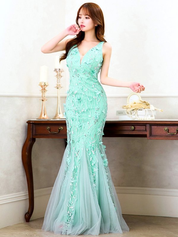 画像14: XLサイズあり【CLEO CLOE/ クレオ クロエ】パーティードレス/ ステージドレス/ イベントドレス/ 立体フラワー刺繍/ マーメイド/ ノースリーブ/ バックスピンドル/ チュール/ ロングドレス long[OF05] (14)