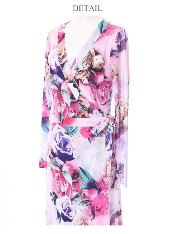 画像6: XS〜Lサイズあり【ERUKEI エルケイ】長袖/フラワープリント/ カシュクール/ ロングスリーブ/ キャバドレス[OF2] (6)