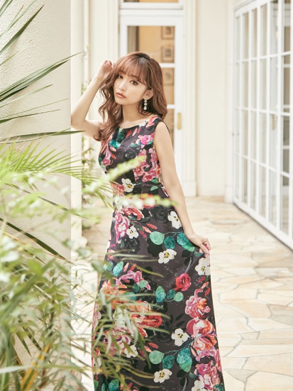 画像4: 【ERUKEI エルケイ】Aライン/フラワープリント/ノースリ /ロング/ロングドレス /キャバドレスlong[OF2] (4)