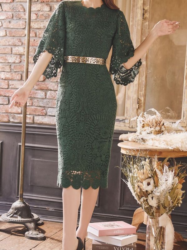 画像12: L-XLサイズあり【ERUKEI エルケイ】ケミカルレース/ ベルスリーブ/ 七分袖/ 長袖/ 袖あり/ ミディアム丈/ ワンピース/ タイト/ ミニドレス/ キャバドレス[OF2] (12)