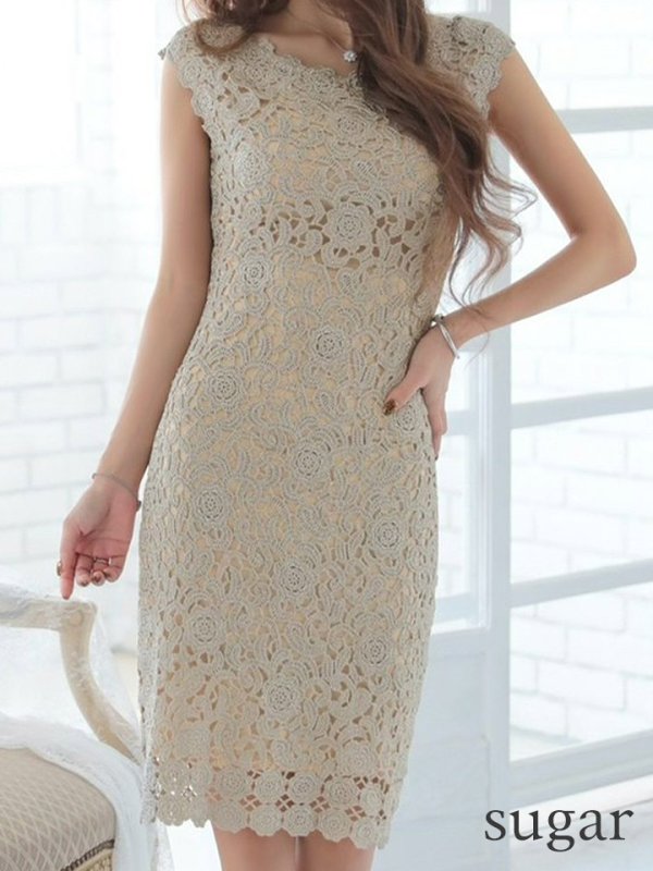 画像11: 門りょうちゃん着用【XS-XLサイズあり】【ERUKEI エルケイ】ラメ/ケミカルレース/ ボートネック/ ノースリーブ/ ミディアム丈/ ワンピース/ ミニドレス/ キャバドレス[OF2] (11)