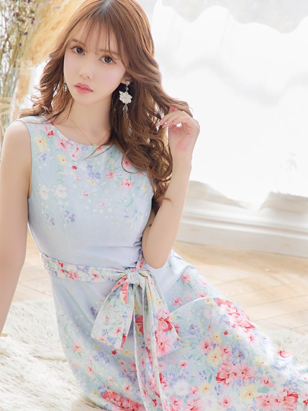 画像2: XS-Lサイズあり 【GINZA COUTURE/銀座クチュール】フラワープリント/ リボンベルト/ ノースリーブ/ フレア/ ミディアム丈/ ワンピース/ キャバドレス[OF2] (2)