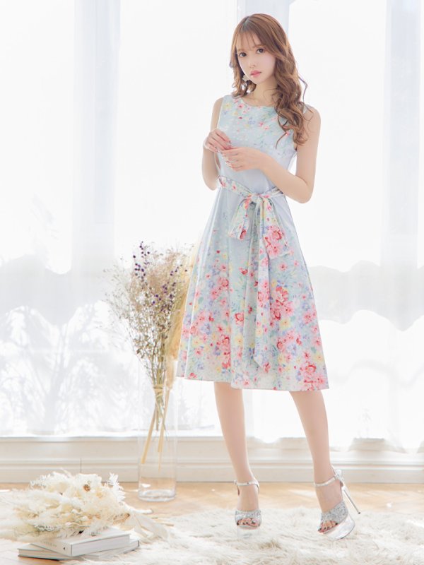画像4: XS-Lサイズあり 【GINZA COUTURE/銀座クチュール】フラワープリント/ リボンベルト/ ノースリーブ/ フレア/ ミディアム丈/ ワンピース/ キャバドレス[OF2] (4)