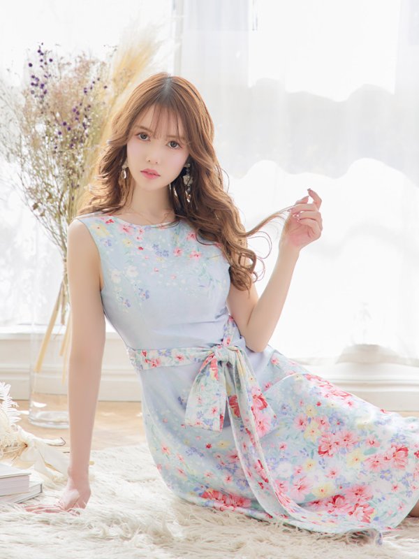 画像5: XS-Lサイズあり 【GINZA COUTURE/銀座クチュール】フラワープリント/ リボンベルト/ ノースリーブ/ フレア/ ミディアム丈/ ワンピース/ キャバドレス[OF2] (5)
