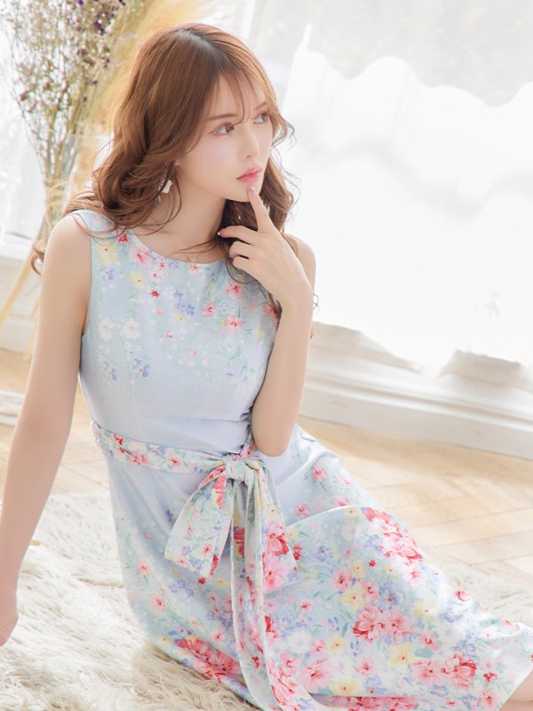 画像6: XS-Lサイズあり 【GINZA COUTURE/銀座クチュール】フラワープリント/ リボンベルト/ ノースリーブ/ フレア/ ミディアム丈/ ワンピース/ キャバドレス[OF2] (6)