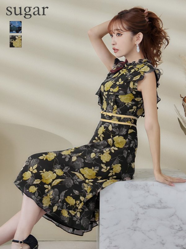 XS-Lサイズあり【GINZA COUTURE/銀座クチュール】フラワープリント/ ノースリーブ/ フレア/ ミディアム丈/ ひざ丈/ ワンピース/ キャバドレス イエロー