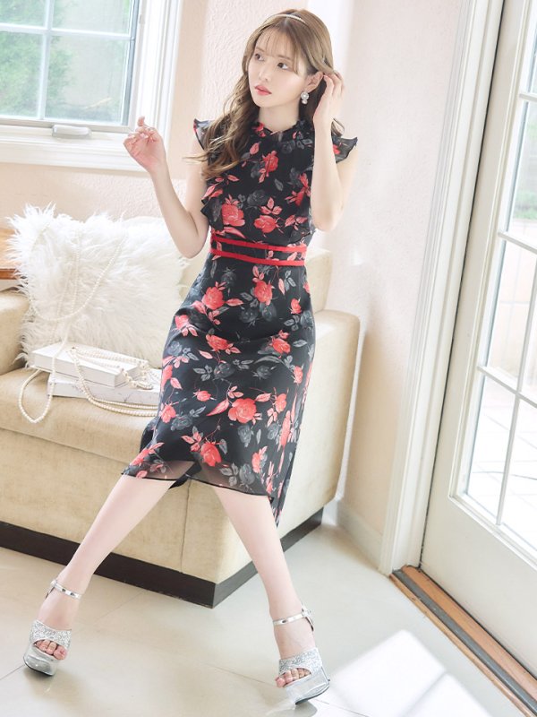 画像24: XS-Lサイズあり 【GINZA COUTURE/銀座クチュール】フラワープリント/ ノースリーブ/ フレア/ ミディアム丈/ ひざ丈/ ワンピース/ キャバドレス[OF2] (24)