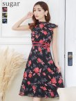 XS-Lサイズあり【GINZA COUTURE/銀座クチュール】フラワープリント/ ノースリーブ/ フレア/ ミディアム丈/ ひざ丈/ ワンピース/ キャバドレス　レッド