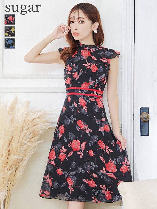 XS-Lサイズあり【GINZA COUTURE/銀座クチュール】フラワープリント/ ノースリーブ/ フレア/ ミディアム丈/ ひざ丈/ ワンピース/ キャバドレス　レッド