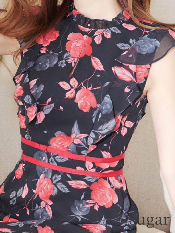 画像10: XS-Lサイズあり 【GINZA COUTURE/銀座クチュール】フラワープリント/ ノースリーブ/ フレア/ ミディアム丈/ ひざ丈/ ワンピース/ キャバドレス[OF2] (10)