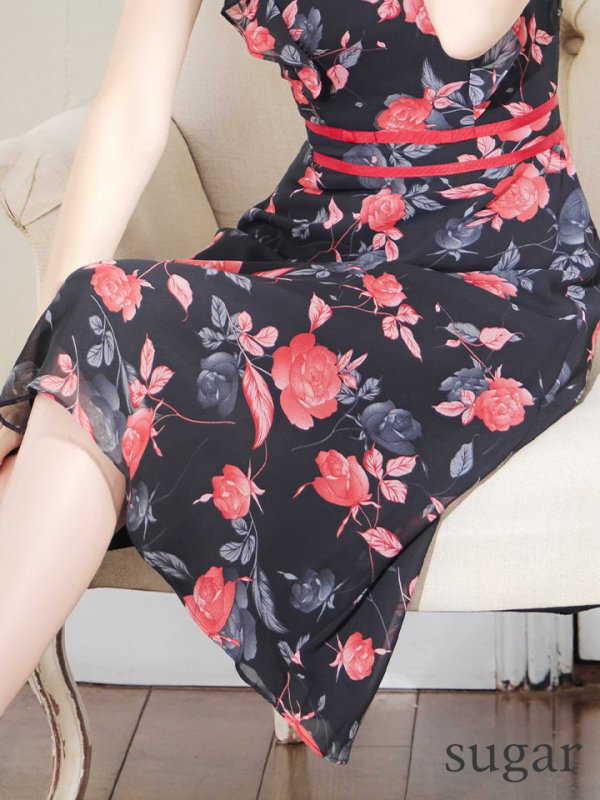 画像11: XS-Lサイズあり 【GINZA COUTURE/銀座クチュール】フラワープリント/ ノースリーブ/ フレア/ ミディアム丈/ ひざ丈/ ワンピース/ キャバドレス[OF2] (11)