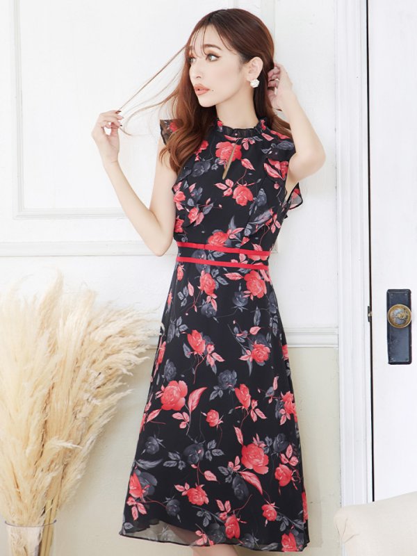 画像4: XS-Lサイズあり 【GINZA COUTURE/銀座クチュール】フラワープリント/ ノースリーブ/ フレア/ ミディアム丈/ ひざ丈/ ワンピース/ キャバドレス[OF2] (4)