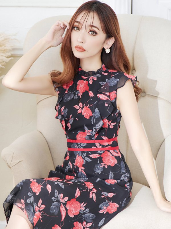 画像6: XS-Lサイズあり 【GINZA COUTURE/銀座クチュール】フラワープリント/ ノースリーブ/ フレア/ ミディアム丈/ ひざ丈/ ワンピース/ キャバドレス[OF2] (6)