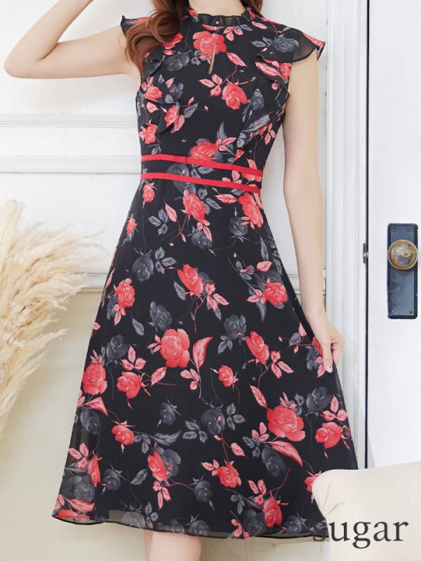 画像8: XS-Lサイズあり 【GINZA COUTURE/銀座クチュール】フラワープリント/ ノースリーブ/ フレア/ ミディアム丈/ ひざ丈/ ワンピース/ キャバドレス[OF2] (8)