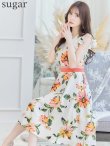 XS-Lサイズあり【GINZA COUTURE/銀座クチュール】フラワープリント/ フリル袖/ フレア/ ミディアム丈/ ひざ丈/ ワンピース/ キャバドレス　ホワイト