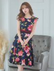 画像2: XS-Lサイズあり 【GINZA COUTURE/銀座クチュール】フラワープリント/ フリル袖/ フレア/ ミディアム丈/ ひざ丈/ ワンピース/ キャバドレス[OF2] (2)
