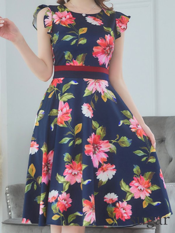 画像26: XS-Lサイズあり 【GINZA COUTURE/銀座クチュール】フラワープリント/ フリル袖/ フレア/ ミディアム丈/ ひざ丈/ ワンピース/ キャバドレス[OF2] (26)