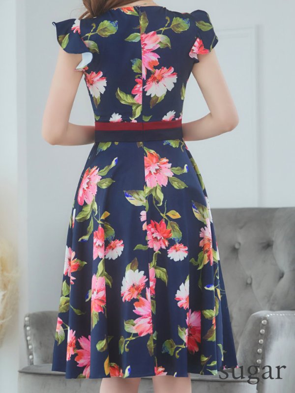 画像27: XS-Lサイズあり 【GINZA COUTURE/銀座クチュール】フラワープリント/ フリル袖/ フレア/ ミディアム丈/ ひざ丈/ ワンピース/ キャバドレス[OF2] (27)