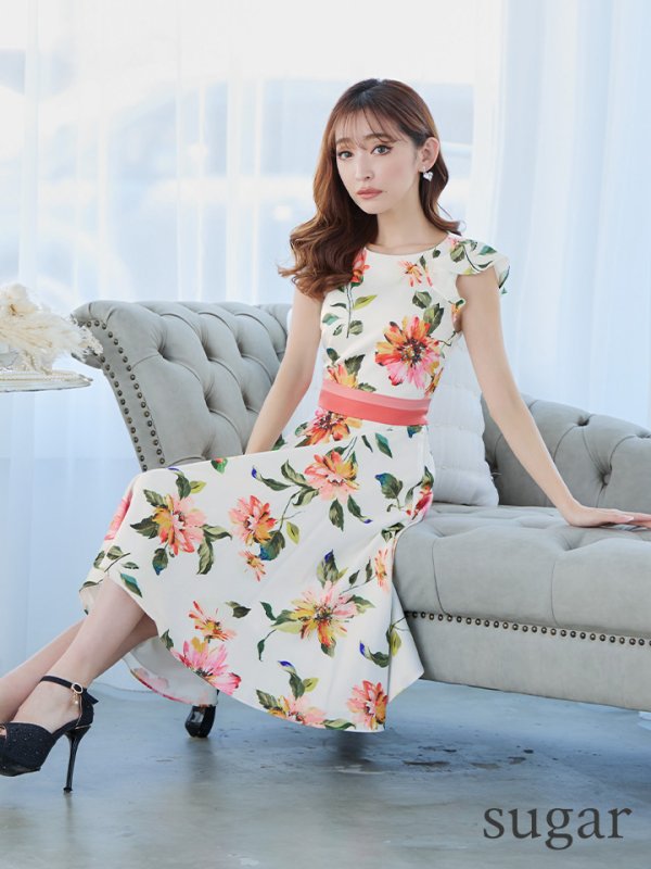 画像2: XS-Lサイズあり 【GINZA COUTURE/銀座クチュール】フラワープリント/ フリル袖/ フレア/ ミディアム丈/ ひざ丈/ ワンピース/ キャバドレス[OF2] (2)