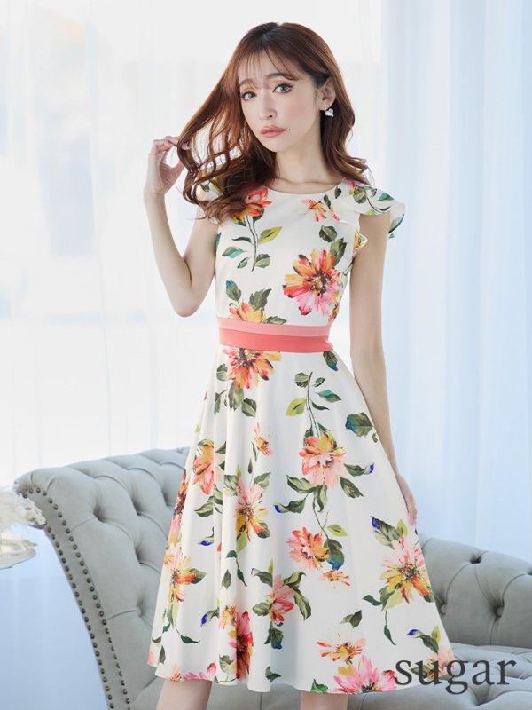 画像3: XS-Lサイズあり 【GINZA COUTURE/銀座クチュール】フラワープリント/ フリル袖/ フレア/ ミディアム丈/ ひざ丈/ ワンピース/ キャバドレス[OF2] (3)