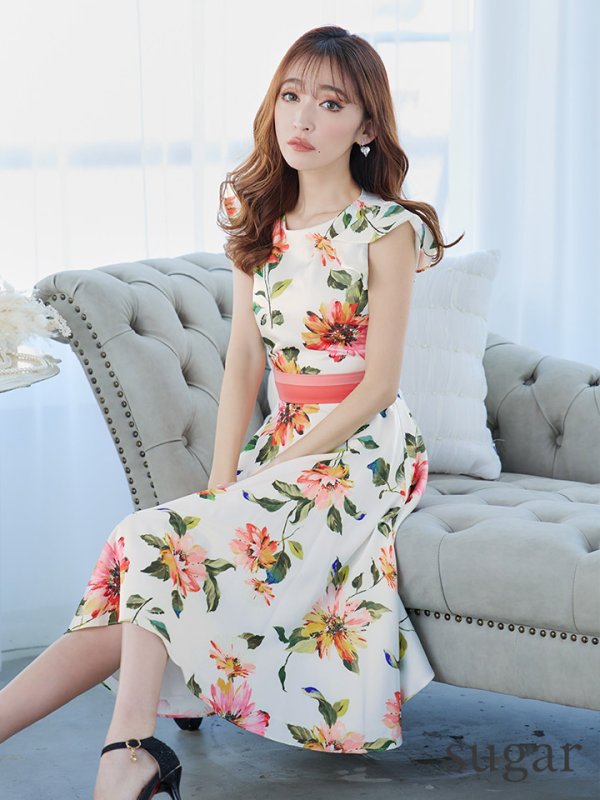 画像4: XS-Lサイズあり 【GINZA COUTURE/銀座クチュール】フラワープリント/ フリル袖/ フレア/ ミディアム丈/ ひざ丈/ ワンピース/ キャバドレス[OF2] (4)