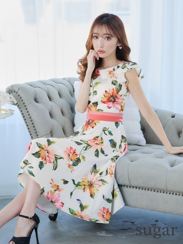 画像6: XS-Lサイズあり 【GINZA COUTURE/銀座クチュール】フラワープリント/ フリル袖/ フレア/ ミディアム丈/ ひざ丈/ ワンピース/ キャバドレス[OF2] (6)