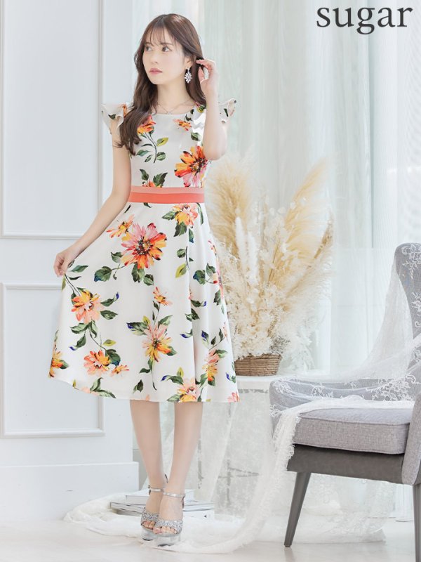 画像16: XS-Lサイズあり 【GINZA COUTURE/銀座クチュール】フラワープリント/ フリル袖/ フレア/ ミディアム丈/ ひざ丈/ ワンピース/ キャバドレス[OF2] (16)