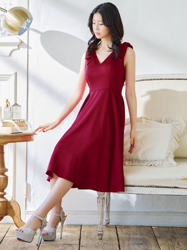 画像2: XS-Lサイズあり 【GINZA COUTURE/銀座クチュール】ニュアンス柄/ ペイント柄/ 肩リボン/ ノースリーブ/ 膝丈/ ミディアム丈/ フレア/ ワンピース/ キャバドレス[OF2] (2)