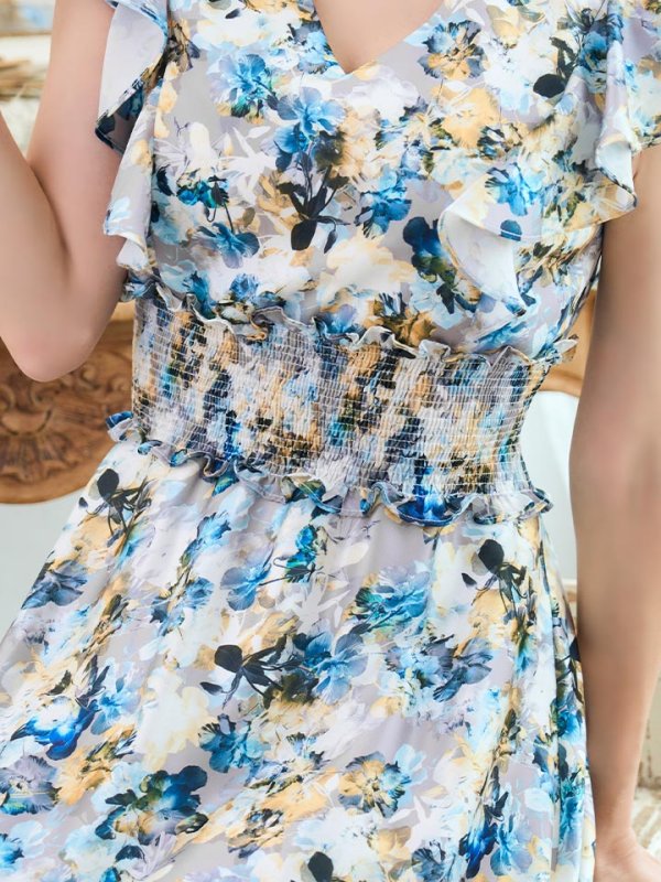 画像11: XS-Lサイズあり 【GINZA COUTURE/銀座クチュール】ワンピース/ フラワープリント/ シャーリング/ フリルスリーブ/ Aライン/ マキシ丈/ キャバドレス[OF2] (11)