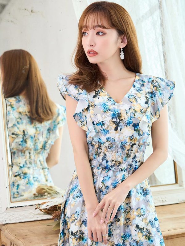 画像12: XS-Lサイズあり 【GINZA COUTURE/銀座クチュール】ワンピース/ フラワープリント/ シャーリング/ フリルスリーブ/ Aライン/ マキシ丈/ キャバドレス[OF2] (12)