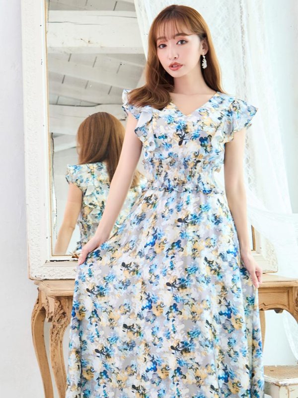 画像13: XS-Lサイズあり 【GINZA COUTURE/銀座クチュール】ワンピース/ フラワープリント/ シャーリング/ フリルスリーブ/ Aライン/ マキシ丈/ キャバドレス[OF2] (13)