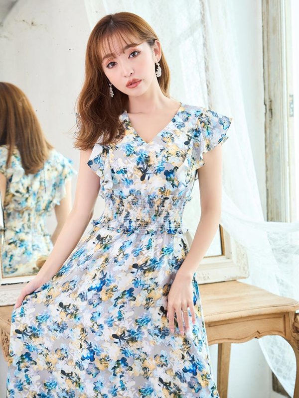 画像15: XS-Lサイズあり 【GINZA COUTURE/銀座クチュール】ワンピース/ フラワープリント/ シャーリング/ フリルスリーブ/ Aライン/ マキシ丈/ キャバドレス[OF2] (15)