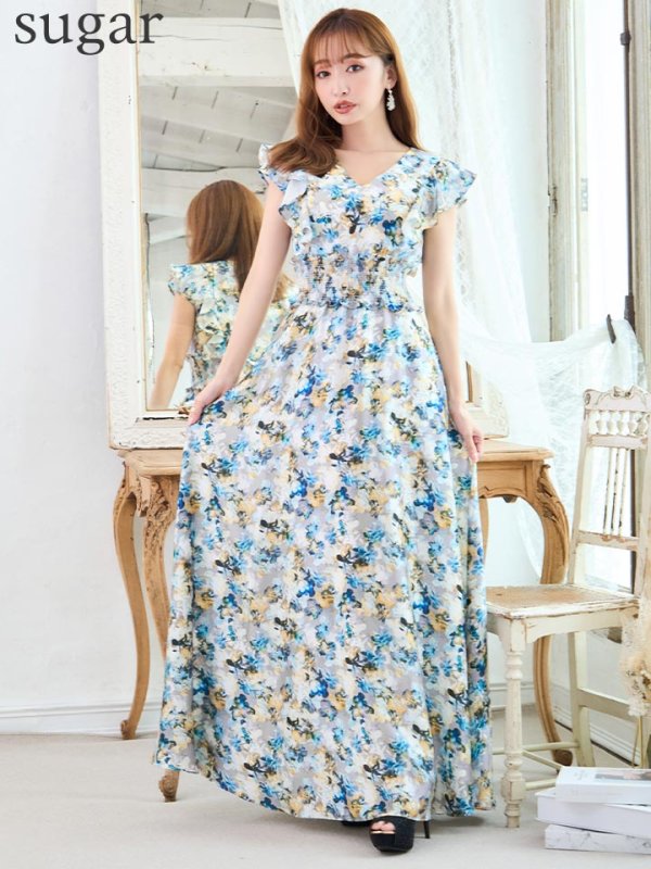 画像16: XS-Lサイズあり 【GINZA COUTURE/銀座クチュール】ワンピース/ フラワープリント/ シャーリング/ フリルスリーブ/ Aライン/ マキシ丈/ キャバドレス[OF2] (16)