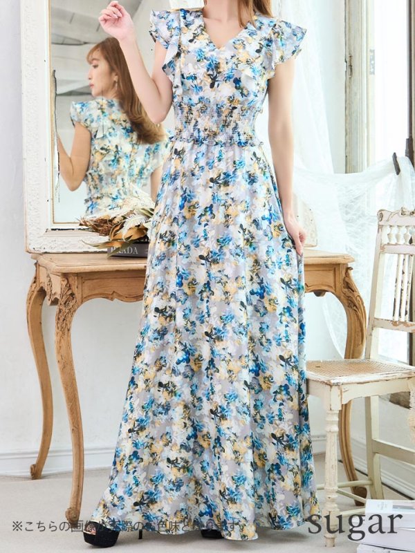 画像17: XS-Lサイズあり 【GINZA COUTURE/銀座クチュール】ワンピース/ フラワープリント/ シャーリング/ フリルスリーブ/ Aライン/ マキシ丈/ キャバドレス[OF2] (17)