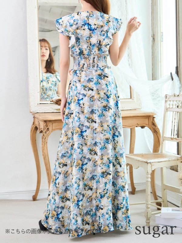 画像18: XS-Lサイズあり 【GINZA COUTURE/銀座クチュール】ワンピース/ フラワープリント/ シャーリング/ フリルスリーブ/ Aライン/ マキシ丈/ キャバドレス[OF2] (18)