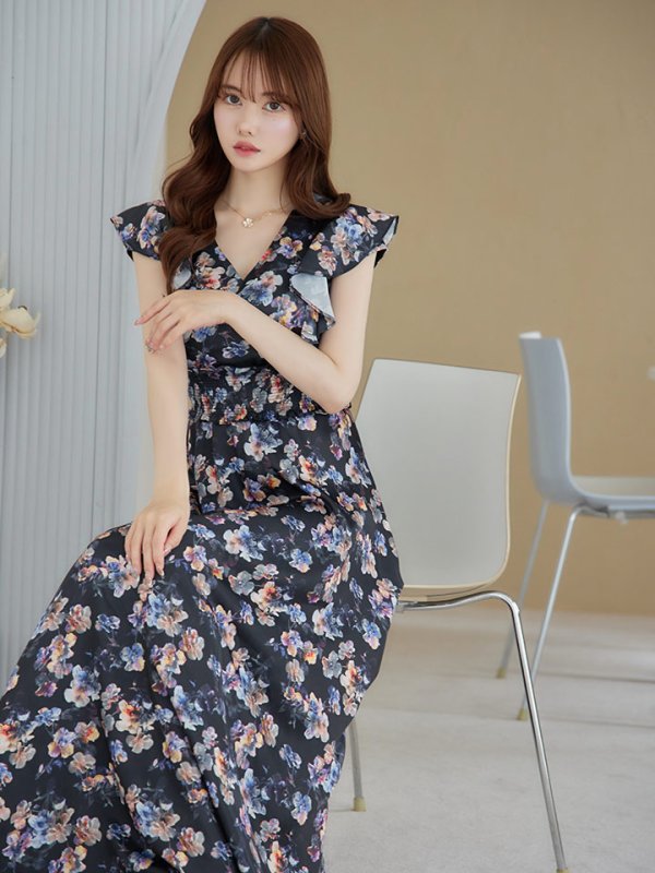 画像2: XS-Lサイズあり 【GINZA COUTURE/銀座クチュール】ワンピース/ フラワープリント/ シャーリング/ フリルスリーブ/ Aライン/ マキシ丈/ キャバドレス[OF2] (2)