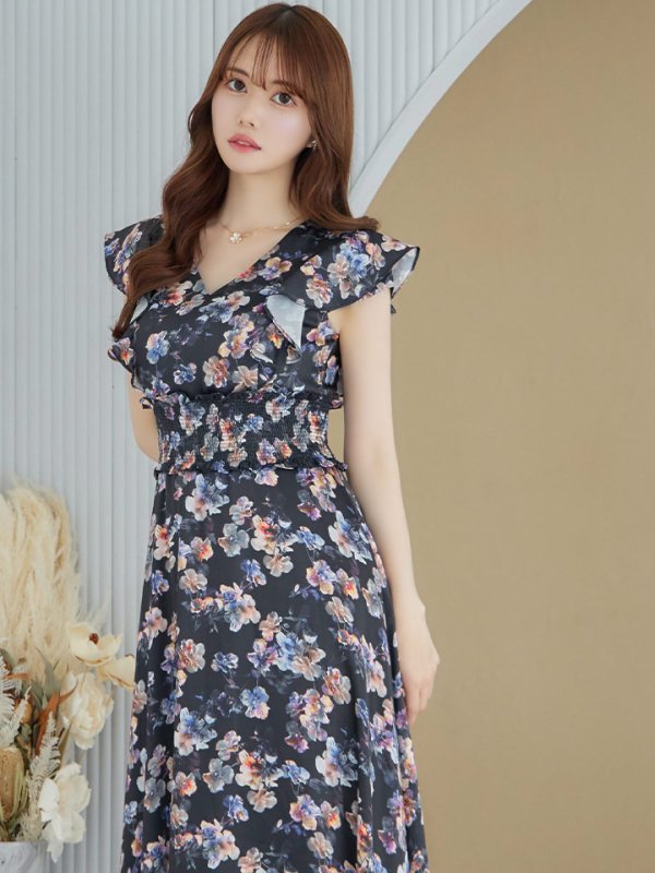 画像4: XS-Lサイズあり 【GINZA COUTURE/銀座クチュール】ワンピース/ フラワープリント/ シャーリング/ フリルスリーブ/ Aライン/ マキシ丈/ キャバドレス[OF2] (4)