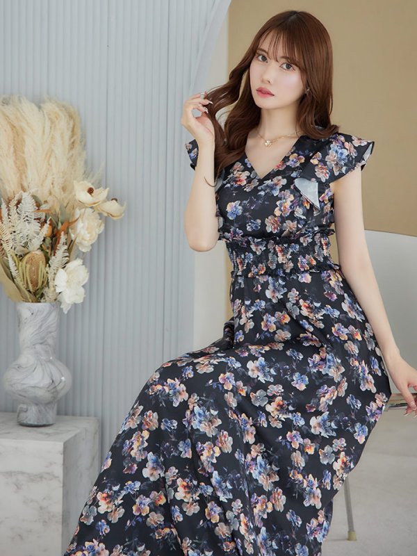 画像5: XS-Lサイズあり 【GINZA COUTURE/銀座クチュール】ワンピース/ フラワープリント/ シャーリング/ フリルスリーブ/ Aライン/ マキシ丈/ キャバドレス[OF2] (5)