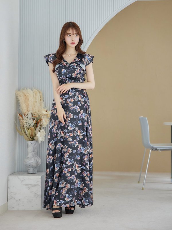 画像6: XS-Lサイズあり 【GINZA COUTURE/銀座クチュール】ワンピース/ フラワープリント/ シャーリング/ フリルスリーブ/ Aライン/ マキシ丈/ キャバドレス[OF2] (6)