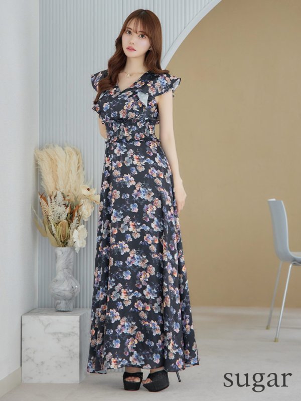 画像7: XS-Lサイズあり 【GINZA COUTURE/銀座クチュール】ワンピース/ フラワープリント/ シャーリング/ フリルスリーブ/ Aライン/ マキシ丈/ キャバドレス[OF2] (7)