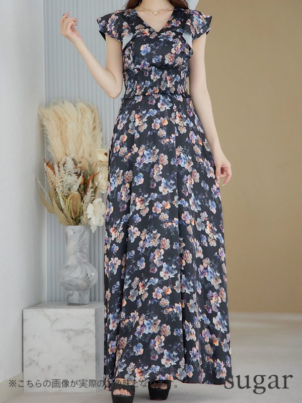 画像8: XS-Lサイズあり 【GINZA COUTURE/銀座クチュール】ワンピース/ フラワープリント/ シャーリング/ フリルスリーブ/ Aライン/ マキシ丈/ キャバドレス[OF2] (8)