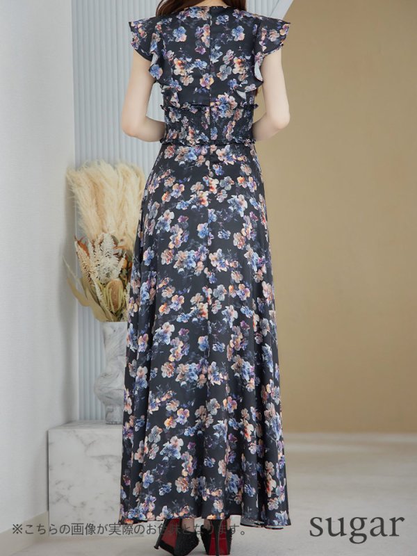 画像9: XS-Lサイズあり 【GINZA COUTURE/銀座クチュール】ワンピース/ フラワープリント/ シャーリング/ フリルスリーブ/ Aライン/ マキシ丈/ キャバドレス[OF2] (9)