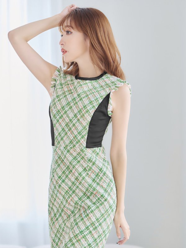 画像9: 【GINZA COUTURE/銀座クチュール】 チェックツイード/ ノースリーブ/ タイト/ ワンピース/ キャバドレス[OF2] (9)