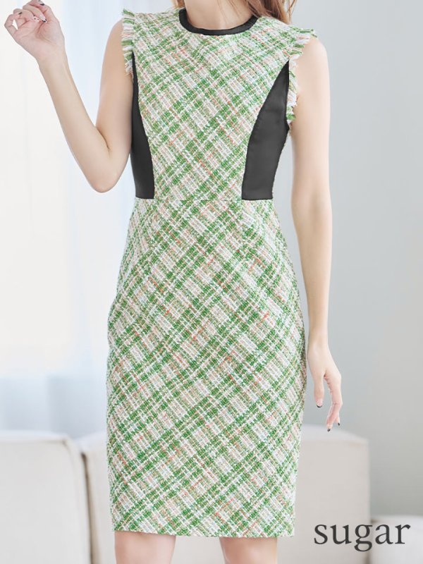 画像11: 【GINZA COUTURE/銀座クチュール】 チェックツイード/ ノースリーブ/ タイト/ ワンピース/ キャバドレス[OF2] (11)