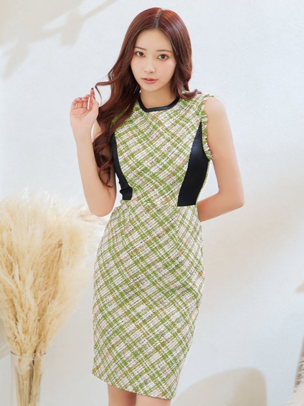 画像3: 【GINZA COUTURE/銀座クチュール】 チェックツイード/ ノースリーブ/ タイト/ ワンピース/ キャバドレス[OF2] (3)